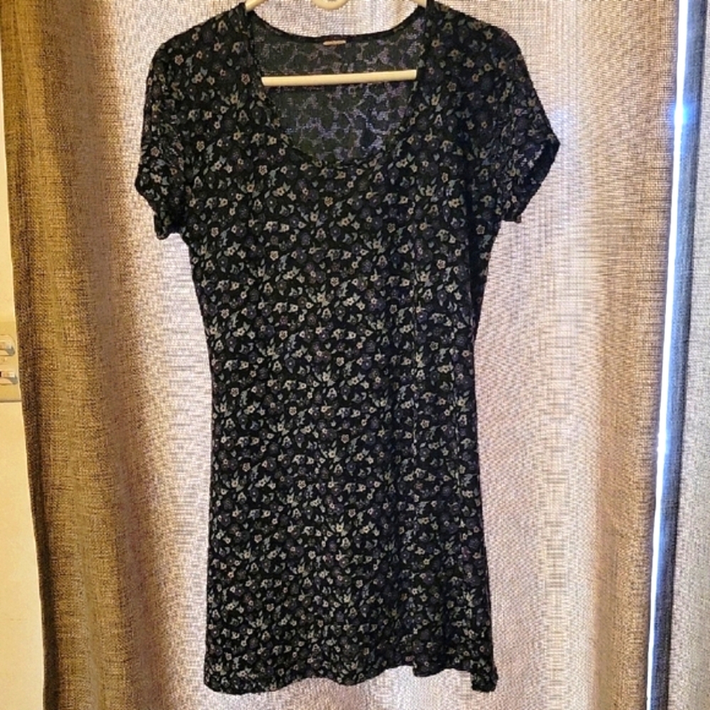 Vintage Black W/Purple White & Baby Blue Floral Print Mini Dress
